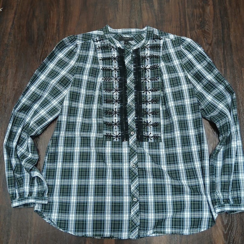 J. Crew Green and Black Plaid Ruffle-Front Button Shirt - Picture 2 of 9